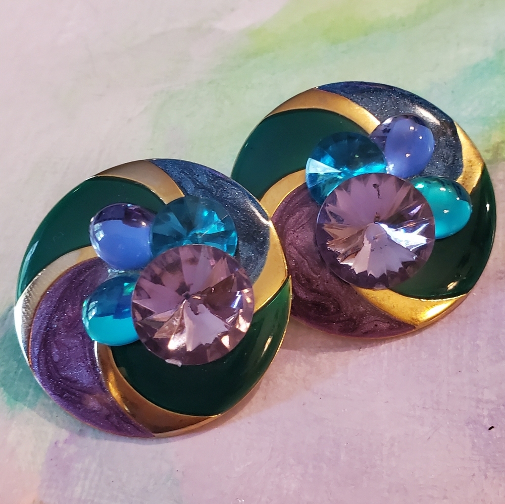80s Retro Lover Earrings Enamel Rhinestone Colorful Big